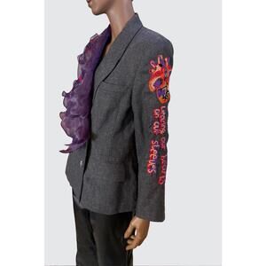 Vintage grey blazer DIY ART PROJECT with Embroidery and ruffle detail size M